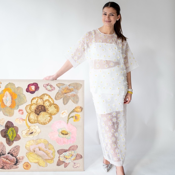 White Top and Maxi Skirt Set with Embellished Appliqué Flowers - Picture 6 of 7